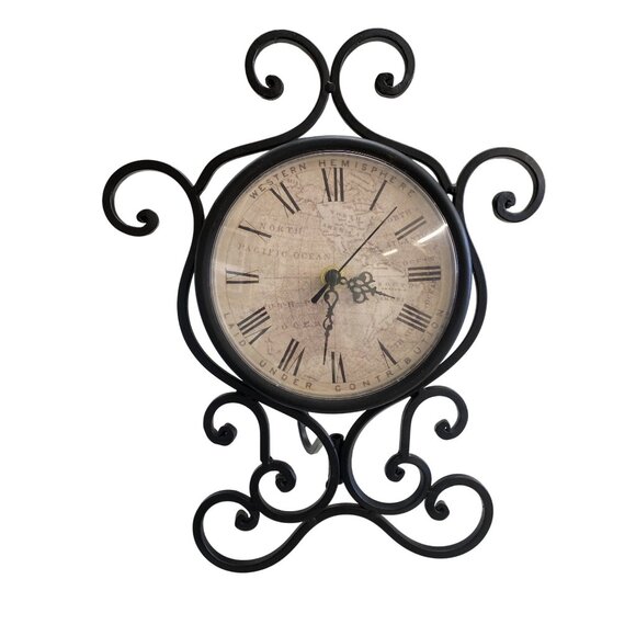 Black Metal Scroll Table Clock With Roman Numerals & Vintage Map Face Design - Picture 1 of 4